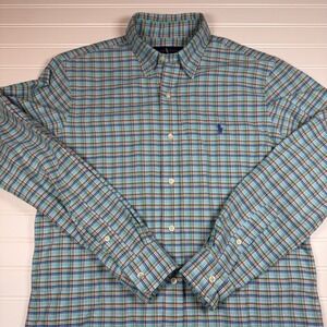 Ralph Lauren Button Up LS Men's Medium Green Plaid Blue‎ Logo GUC